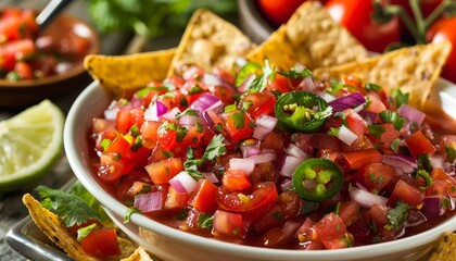 Wall Mural - Mexican salsa with tomatoes lime red onion jalapeno parsley and chips in a white bowl