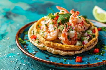 Wall Mural - Mexican shrimp ceviche toast on turquoise background