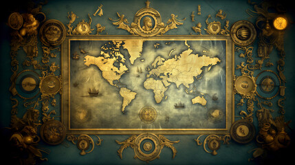 Wall Mural - background with antique clock old compass and map retro vintage antique navigation  history desktop wallpaper