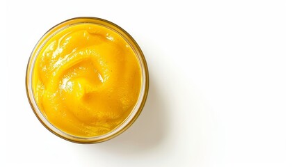 Wall Mural - Mustard sauce on white background from above