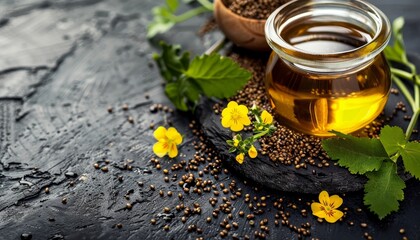 Sticker - Mustard oil with fresh flowers and leaves on rustic background closeup copy space healthy organic food