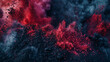 A dynamic eruption of crimson and black powder, evoking the raw power and mystery of a volcanic eruption at night, with each granule captured in stunning clarity.