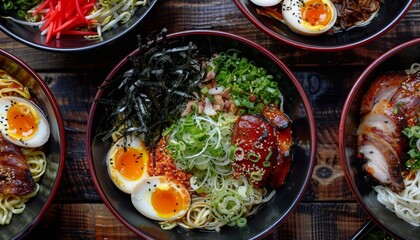 Poster - Noodle bowls with spicy ramen pork chicken egg veggies and seaweed salad