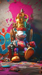 Wall Mural - Cartoon digital avatars of Street Art KingQueen A regal and powerful avatar wearing a crown and holding a spray can, with a grand and elaborate graffiti wall as their throne.