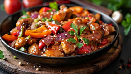 Wall Mural - Pepper chicken stir fried with sweet peppers onion garlic and ginger