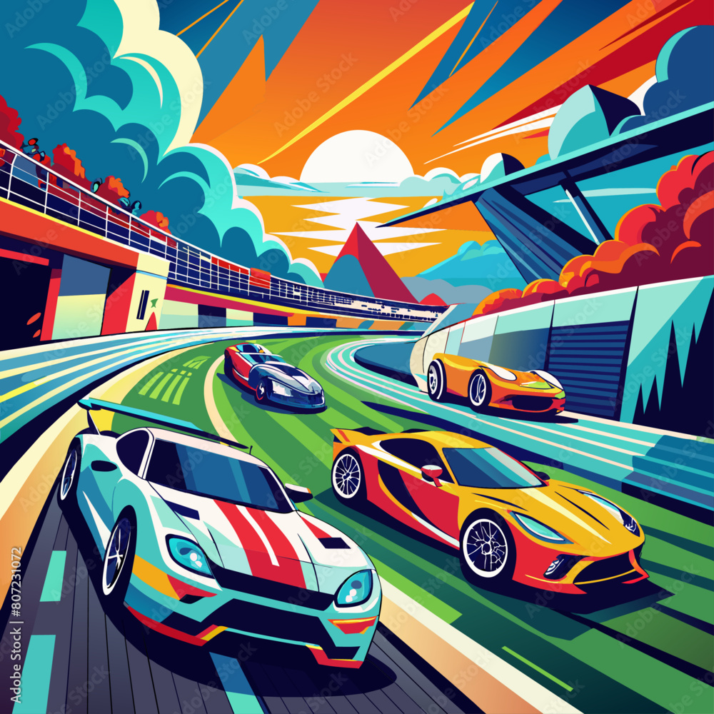 background with cars, Dynamic race track scenes with colorful, speeding ...