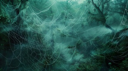 Multiple spider webs overlap in a dense forest, creating a mysterious and eerie scene.