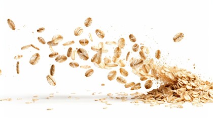 Poster - Raw oatmeal flying on a white surface