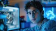 The picture of the middle eastern male teenager studying and learning about the technology in the room, learning related to technology require skills like the logical reason and computer skill. AIG43.