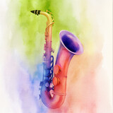 Fototapeta  - bright colorful watercolor saxophone illustration. music festival, concert, event poster. square aspect ratio