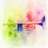 Fototapeta  - bright colorful watercolor trumpet illustration. music festival, concert, event poster. square aspect ratio