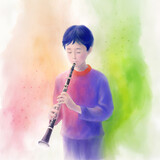 Fototapeta  - boy plays oboe watercolor illustration