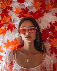 Joyful Woman Celebrating Canada Day in Photobooth with Maple Leaf Decor