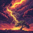 A majestic oak tree stands tall in the midst of a raging thunderstorm, surrounded by flashes of lightning and fierce winds.