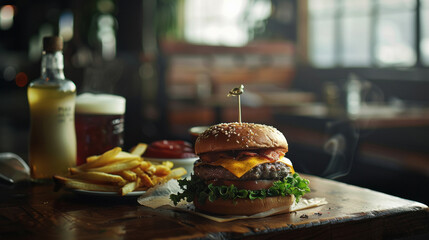 Wall Mural - Perfect cheeseburger meal in restaurant table