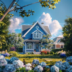 A blue house in the garden