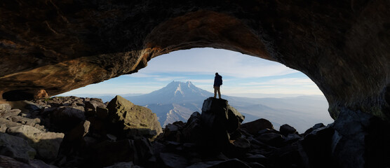 Wall Mural - adult adventurous man standing in a cave. 3d rendering mountain adventure artwork.