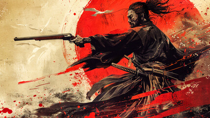 illustration of Samurai holding a gun .