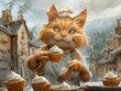 A whimsical painting depicting a talented chef cat skillfully holding a delicious cupcake in a charming kitchen setting.