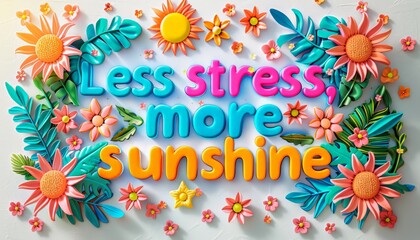 Less Stress More Sunshine Inspirational Quote with Vibrant Floral Background for Spring and Summer