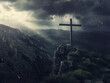 A majestic cross stands atop a mountain, symbolizing faith and spiritual devotion, under a dramatic cloudy sky.