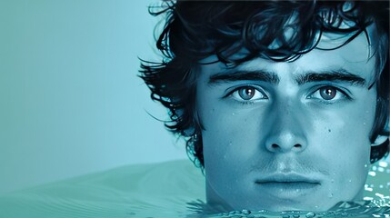 Wall Mural -   A close-up of a person submerged in water, with a splash of droplets surrounding their face