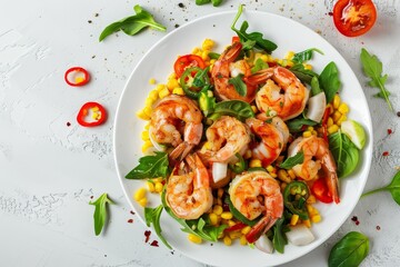 Wall Mural - Spicy seafood shrimp salad on white plate healthy diet food concept Top view with copy space