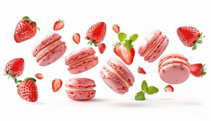 Poster - Strawberry macarons floating on a white background with strawberry and mint