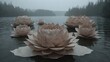   Pink water lilies float on a body of water next to foggy forest