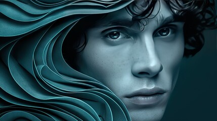 Wall Mural -   A close-up photo of a person with wavy hair against a black and white backdrop featuring a blue overlay