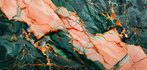 Wall Mural - Elegant salmon pink  deep green marble design with luxurious golden veins reflecting a modern stone style