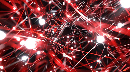 Wall Mural - A chaotic yet artistic arrangement of red  black lines crisscrossing with bright white dots representing a network of data connections