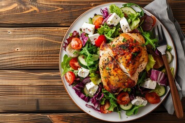 Sticker - Top down view of Greek salad and roasted chicken on wooden table with empty space Healthy dinner