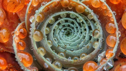 Wall Mural -   A close-up of an orange and white flower with water droplets on its petals and in the center