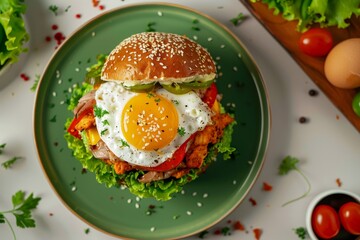 Wall Mural - Top view of a half of a delicious layered burger with chicken pork egg cheese mayonnaise lettuce on a green plate