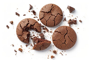 Wall Mural - Top view of broken chocolate cookies isolated on white background with clipping path and full depth of field