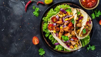 Poster - Top view of Mexican tacos with chicken corn lettuce and onion served on a corn tortilla
