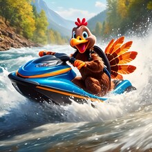 AI Generated Illustration Of An Animated Turkey Riding A Jet Ski Down A White Water Rapid River