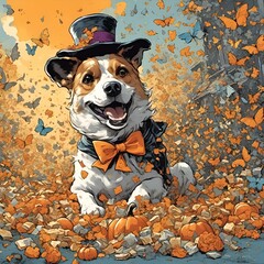 Canvas Print - AI generated illustration of a dog handing out candy Halloween