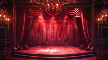 Luxury Red Stage Curtains with Spotlight Opera Theater Backdrop