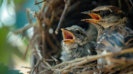 A mother bird feeding her baby birds in the nest