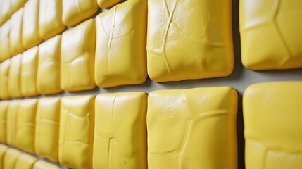 Wall Mural -   A close-up of a yellow wall with yellow paint squares on its sides and a white wall in the background