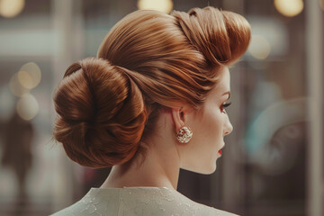 Wall Mural - A woman with a bun hairstyle and a pair of earrings