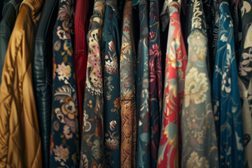A row of colorful shirts with floral designs hanging on a rack