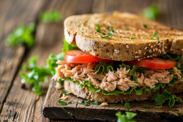 Wall Mural - Tuna sandwich with tomato and lettuce on whole wheat bread on wooden background with space for text