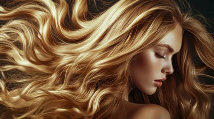 Wall Mural - Beautiful windy Hair. Luxurious long blonde hair as background. Model girl. Saturated healthy shiny hair after dyeing. Concept of recovery structure. Beauty and glamour Hair cosmetics, haircare