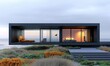 Minimalistic style house on the seashore among cereals with panoramic glazing