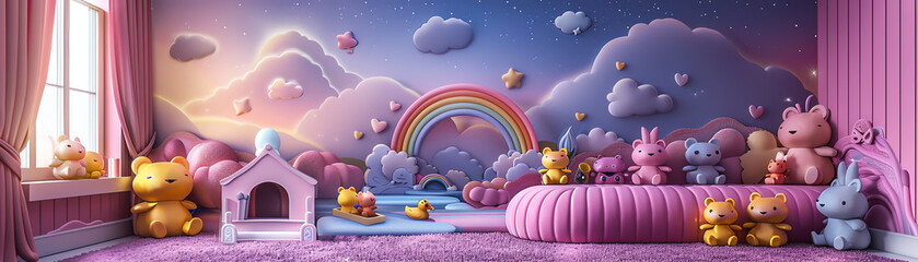 Peaceful 3D cartoon village, flowing river, ducks, rainbow, vibrant purple background