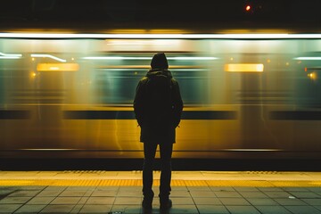 Silhouette of a man waiting for a train at the station