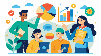 Wall Mural - A group of students using their artistic talents to create powerful visuals and graphics incorporating statistics and personal stories to highlight. Vector illustration
